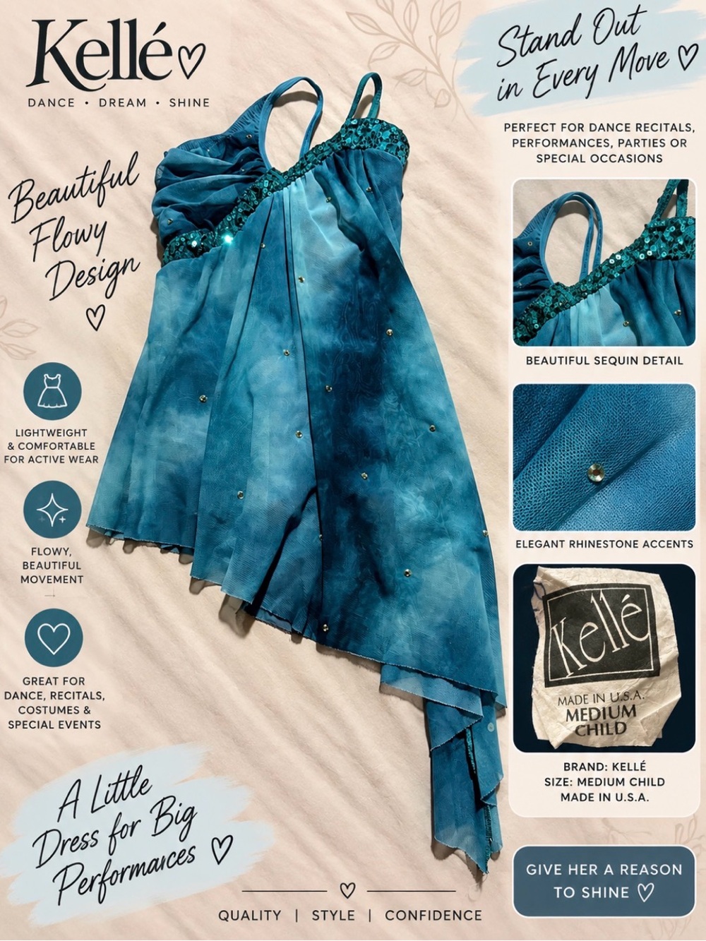 Kellé Teal Flowing Sequin Girls Dance Dress